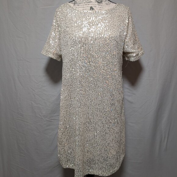 7 For All‎ Mankind Women's Beige Silver Sequins Short Sleeved Dress Size Medium - Picture 1 of 10